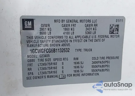 2011 Chevrolet Express 2500 Work Van from USA, damaged, VIN 1GCWGFCG6B1132632